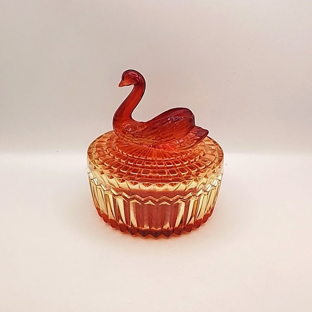 Vintage Jeanette Glass Swan Powder Box Red & Amber